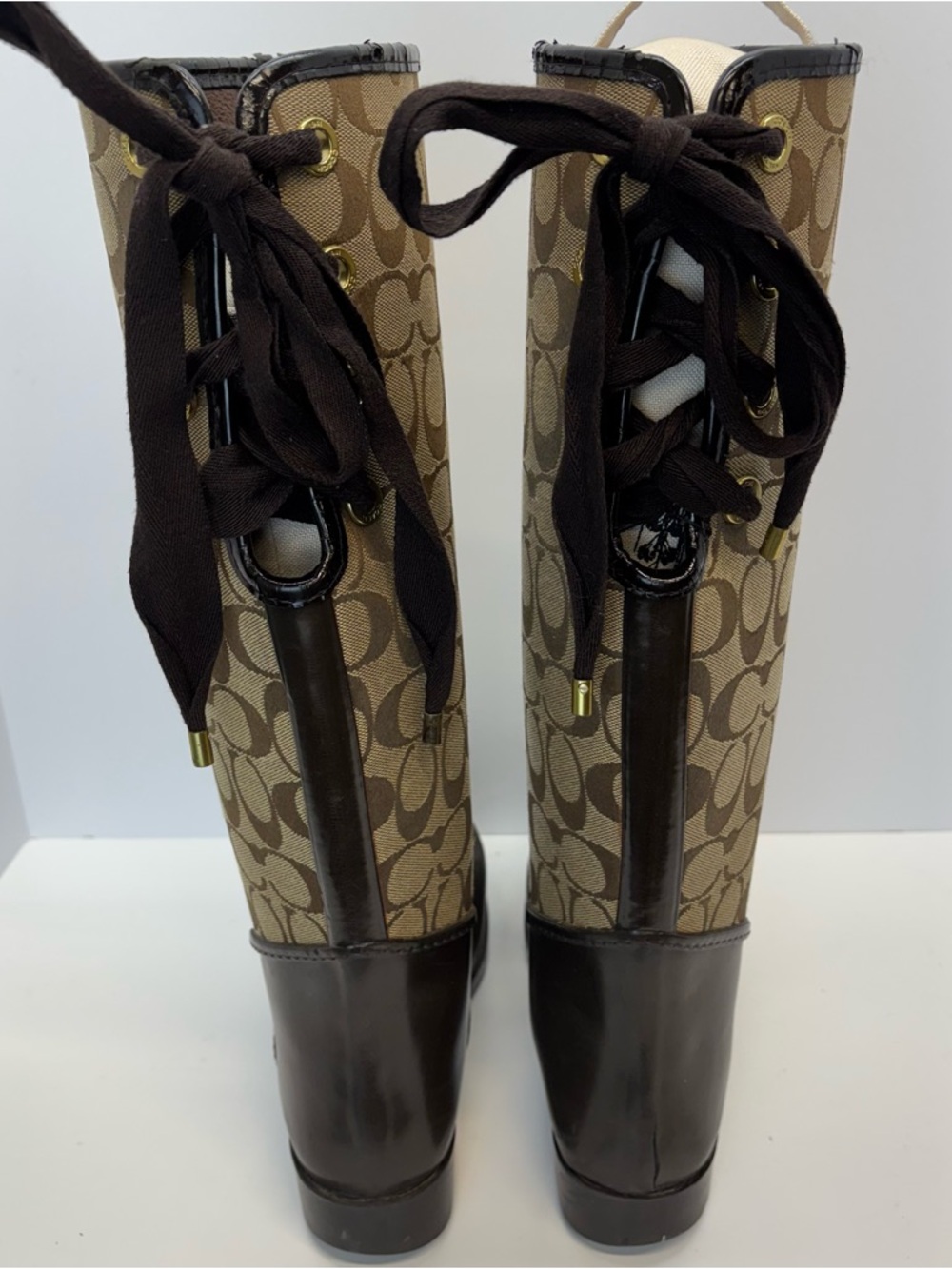 Coach Tristee Tall Rain Boot Brown Signature Jacquard Equestrian Corset Lace 8 B - Picture 6 of 11